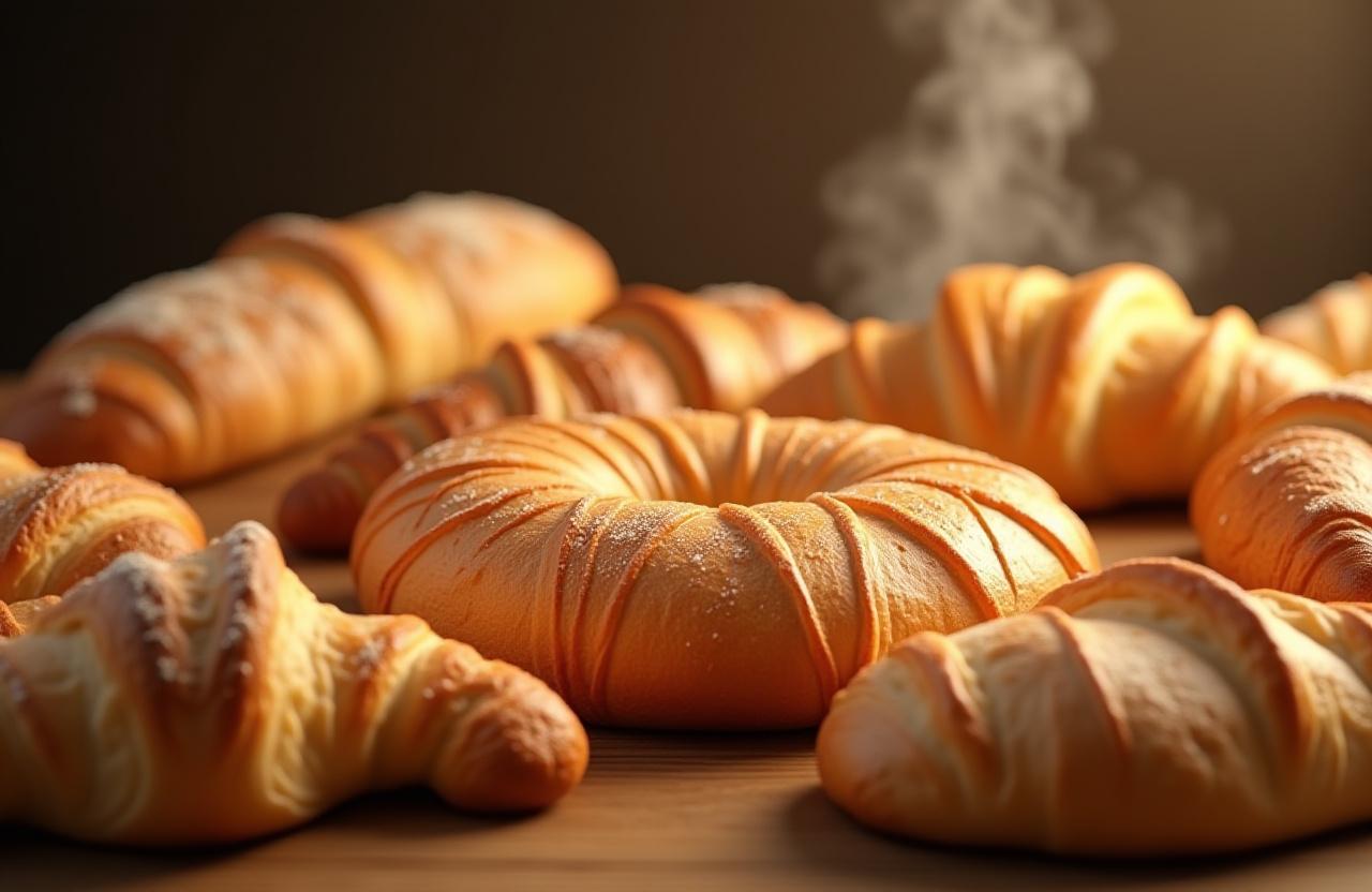 A beautiful spread of artisan breads, croissants, and pastries on a wooden table.