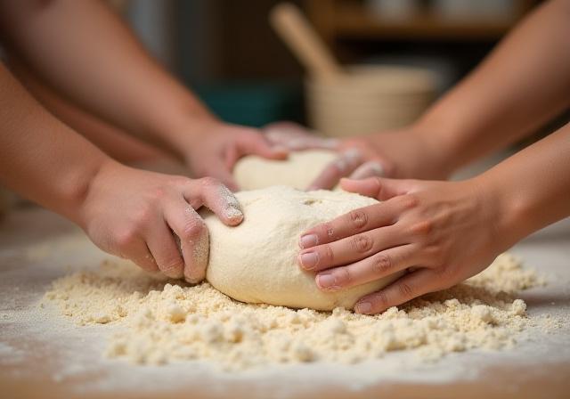 Personas amasando pan durante un taller de panadería